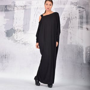 Black long dress, loose dress, maxi dress, black dress, long sleeves dress, bare shoulder dress, asymmetric dress, plus size dress UM215VL image 1