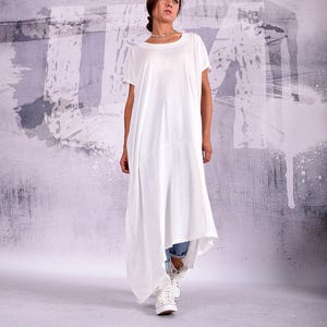 White maxi dress, short sleeves, plus size dress, oversize tunic, extra long tunic, asymmetric dress, casual dress, wide dress, UM-201-VL
