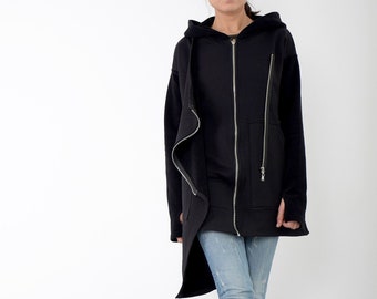 Zwart sweatshirt, dames sweatshirt, asymmetrische jas, gewatteerde katoenen jas, zwarte capuchon jas, sweatshirt met capuchon, lange mouwen, UM257QC