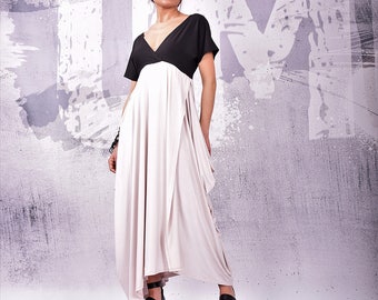 Dress, Two colors dress, Short sleeves dress,  Elegant dress, Maxi Dress, Asymmetric Dress, V neckline, Open back dress, urbanmood UM-121-VL