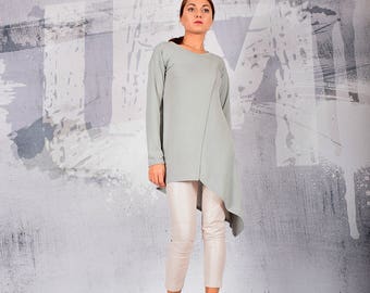 Woman Blouse, Gray Blouse, Gray Top, Wrap Top, Asymmetric Blouse, Cotton Blouse, Cotton Tunic, Long Tunic, Long sleeves blouse, UM210CO