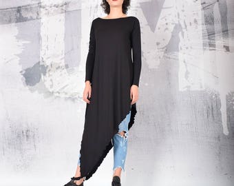 Woman black tunic, black long tunic, black top, casual top, long sleeves top, tank top, asymmetric top, long top, UrbanMood - UM-211-VL