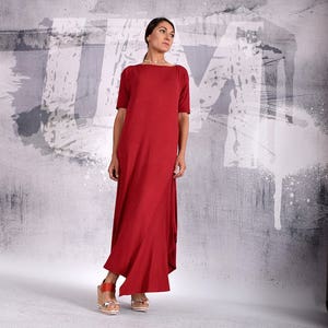 Plus size dress. Long Dress. Red dress. Asymmetric dress. Loose dress. Over sized dress. Party dress. Casual dress. UrbanMood, UM-196-VL