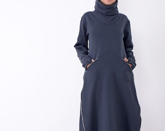 Sweatshirt Dress, Thick dress, Winter Dress, Warm Dress, Dress with sleeves, Extra long sweatshirt, Big collar dress,Made to measure UM258QC