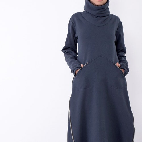 Sweatshirt Dress, Thick dress, Winter Dress, Warm Dress, Dress with sleeves, Extra long sweatshirt, Big collar dress,Made to measure UM258QC