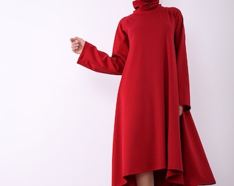 Robe femme rouge, robe à manches longues, robe asymétrique, robe longueur genou, robe de soirée, robe élégante, robe grande taille, robe femme, UM261PU