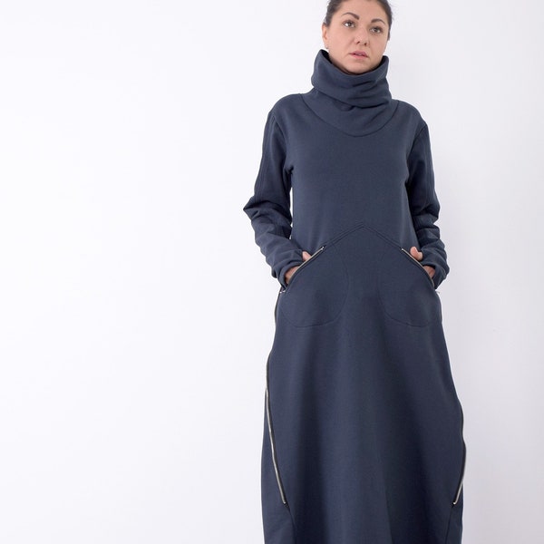 Sweatshirt Dress, Thick dress, Winter Dress, Warm Dress, Dress with sleeves, Extra long sweatshirt, Big collar dress,Made to measure UM258QC