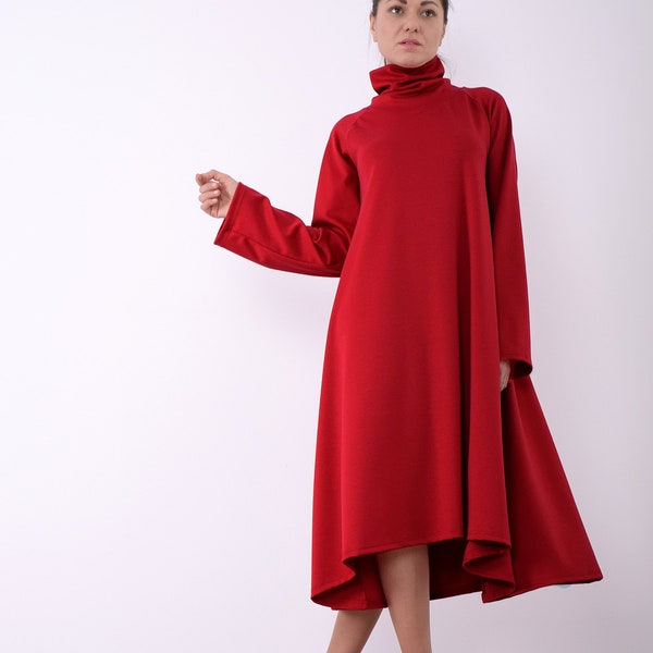 Red women dress, Long sleeved dress, Asymmetric dress, Knee length dress , Party dress, Elegant dress, Plus size dress, Dress women, UM261PU