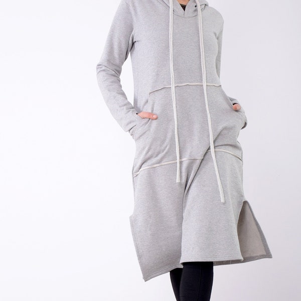 Sweatshirt dress, Quilted cotton dress, Gray dress, Women gray dress, Hooded dress, Sport dress, Casual dress, All sizes available, UM259QC