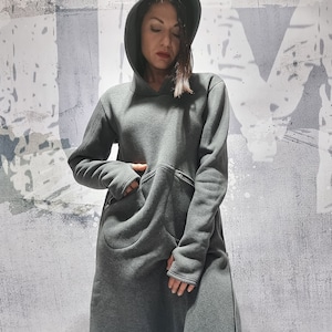 Maxi Sweatshirt Hoodie Dress with long sleeves and thumb holes. Extra long, minimalist, street style, warm, winter dress. Fall Dress.UM258F1