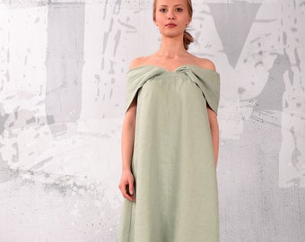 NEW Linen Dress. Summer sleeveless midi dress. Green linen dress. A-line, bare shoulders dress. Custom made dress. Handmade dress. UM307LN