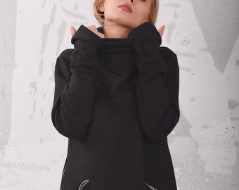 Maxi Sweatshirt Dress, long sleeves, high collar, thumb holes. Everyday, minimalist, street style, warm black dress. Custom made. UM258FT
