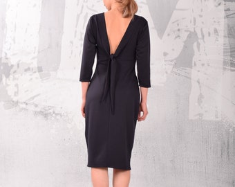Donkerblauwe jurk, Midi-jurk met open rug, aangepaste jurk, damesjurk, knielange jurk, jurk met mouwen, cocktailjurk, jurken UM310PU