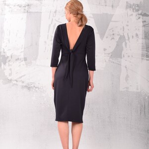 Dark Blue Dress, Midi Dress With Open Back, Custom Dress, Women Dress, Knee Length Dress,Dress With Sleeves,Cocktail Dress, Dresses UM310PU