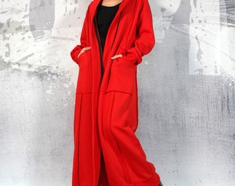 Red long sweatshirt, Tick sweatshirt, Hoodie, Ancle length sweatshirt, Extra long sweatshirt, Made to measure, Red coat, Warm coat, UM294QC