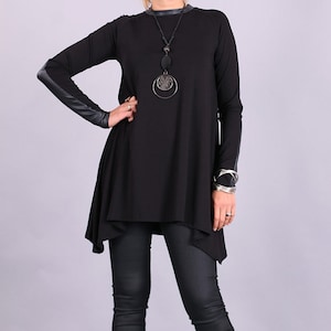 Leather details tunic,Women Tunic,Tunic, Black tunic, extravagant top, long sleeved tunic,Plus size top,party blouse,UrbanMood - CO-TERI-VL