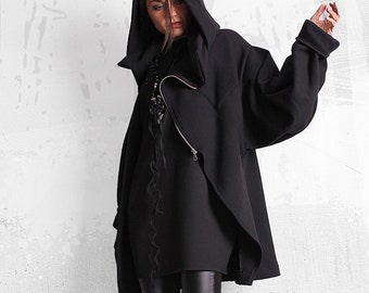 Women's coat,black ladies sweatshirt,Extravagant black coat, quilted cotton jacket, black blazer, hoodie,Loose fit jacket, Coat - UM-050-QC
