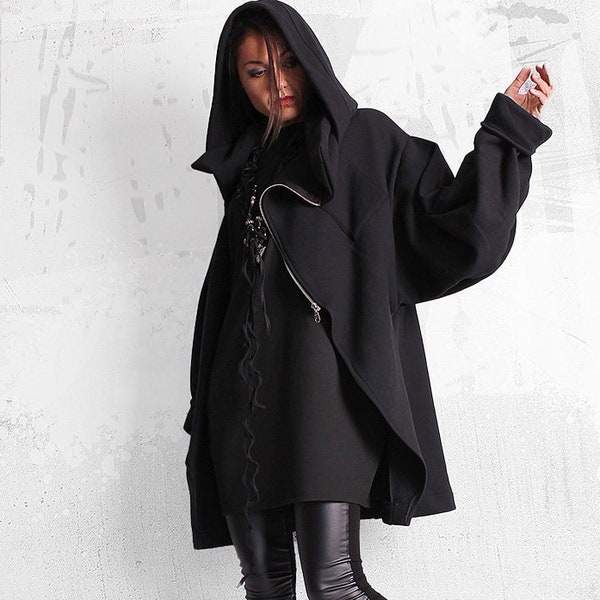 Manteau pour femme, sweat-shirt noir pour femme, manteau noir extravagant, veste en coton matelassé, blazer noir, sweat à capuche, veste ample, manteau - UM-050-QC