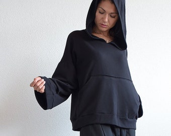 Schwarzer Hoodie, gesteppter Baumwoll Hoodie, schwarzes Sweatshirt, schwarzes langärmeliges Top, Hoodie, schwarzes Hoodie Top, Sweatshirt, urbanmood, Um-245-QC