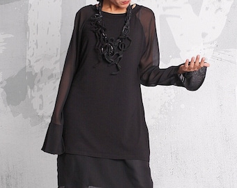 Black tunic, blouse with long sleeves, black tunic,black top,loose top, long tunic,tunic dress,sheer sleeves tunic,tunic top,UM052VLCH