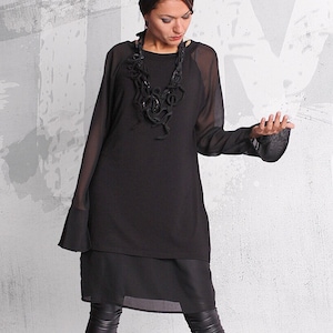 Black tunic, blouse with long sleeves, black tunic,black top,loose top, long tunic,tunic dress,sheer sleeves tunic,tunic top,UM052VLCH