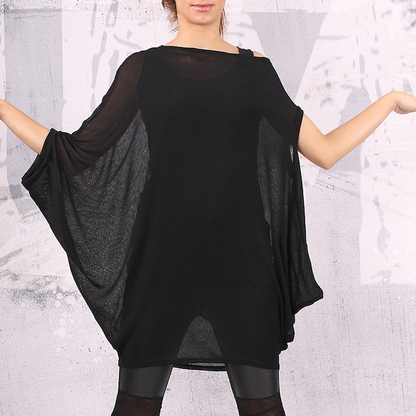 Haut, haut noir, haut en tricot de coton, tunique noire asymétrique, haut en tricot de coton, tunique ample, tunique grande taille, haut ample - UM-KC003-CO