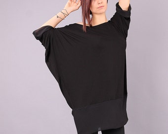 Top, Simple black shirt, short sleeves top, oval neckline blouse, long tunic by UrbanMood - CO-TANA-VL
