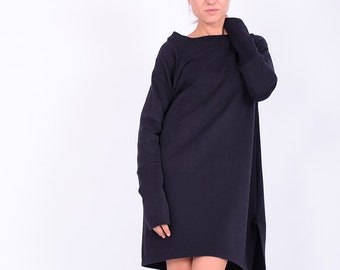 Black mini dress, Sweatshirt dress, Sweaterdress,Long sleeved dress,Quilted cotton dress, Mini cotton dress, Mini dress, Casual dress, 272QC