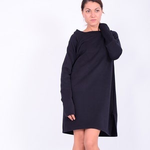 Black mini dress, Sweatshirt dress, Sweaterdress,Long sleeved dress,Quilted cotton dress, Mini cotton dress, Mini dress, Casual dress, 272QC image 1