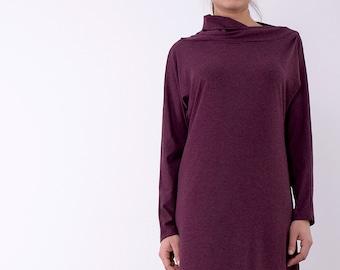 Red Wine dress, Women dress, Knee length dress, Midi Dress, Long sleeved dress, Asymmetric collar dress,Party dress,Burgundy dress, UM262VL