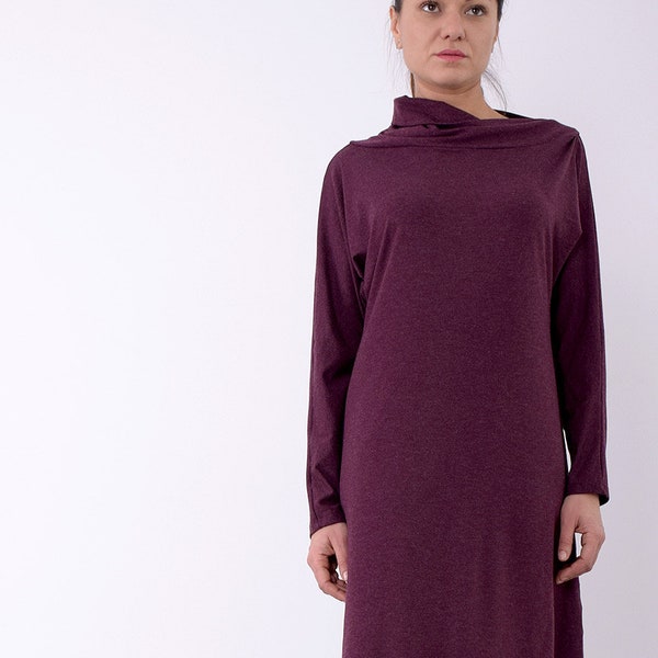 Robe vin rouge, robe femme, robe longueur genou, robe midi, robe à manches longues, robe col asymétrique, robe de soirée, robe bordeaux, UM262VL