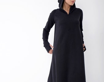 Black Dress, Long sleeved dress, Dress with hood, Asymmetric dress, A-line dress,Casual dress, hooded dress,Loose dress,All sizes, UM265QC