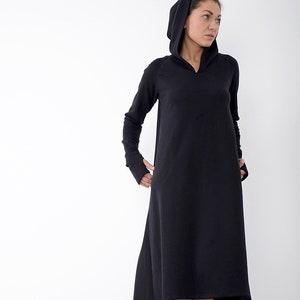 Schwarzes Kleid, Langarmkleid, Kleid mit Kapuze, Asymmetrisches Kleid, A-Linie Kleid, Lässiges Kleid, Kapuzenkleid, Lockeres Kleid, Alle Größen, UM265QC