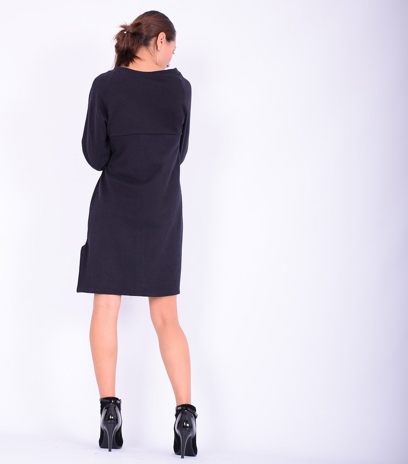 Black mini dress, Sweatshirt dress, Sweaterdress,Long sleeved dress,Quilted cotton dress, Mini cotton dress, Mini dress, Casual dress, 272QC image 6