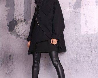 Extravagant black coat, quilted cotton jacket, black sweatshirt, black blazer, hoodie,cotton coat, jacket with hood, loose fit - UM-050-QC