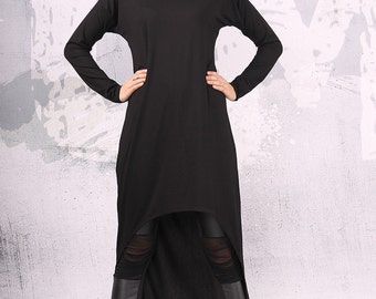 Black dress, asymmetric dress, long dress, maxi dress, black party dress, plus size dress, tunic dress, hoodie dress, urbanmood -UM-CL008-VL