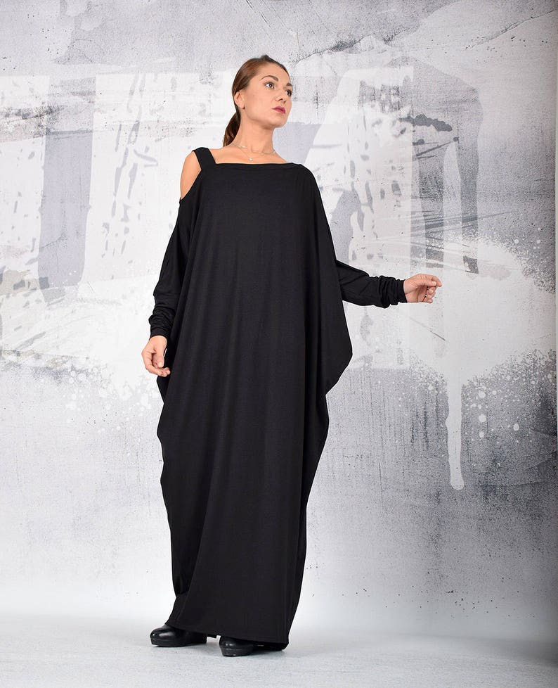 Black long dress, loose dress, maxi dress, black dress, long sleeves dress, bare shoulder dress, asymmetric dress, plus size dress UM215VL image 9