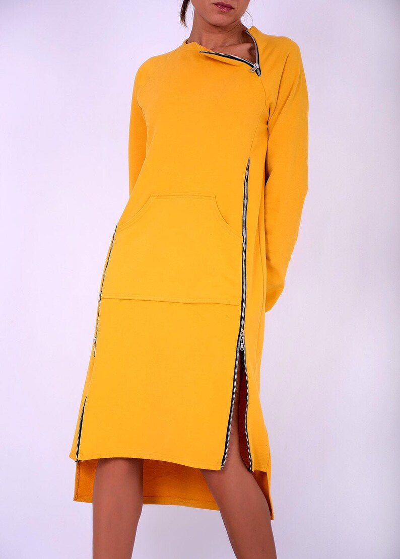 Sweatshirt dress.Women dress.Yellow cotton dress.Dress with zippers.Long sleeved dress.Knee length dress.Autumn winter dress.Dresses 275QC image 4