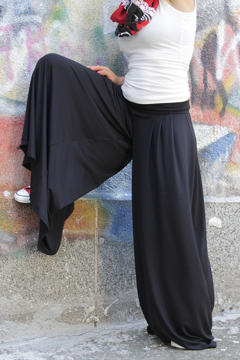 Pants. Black pants. Wide skirt pants. Long wide pants. Extra long pants. Casual pants. Jersey pants. Plus size pants. CO-ANNY-VL image 5