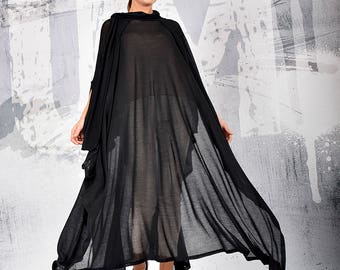 Women's Black Sheer Cape Tunic, Black Cape, Transparent Cloak, Transparent Dress, Sheer Cape, Sheer Cloak, Bolero, UM209PT