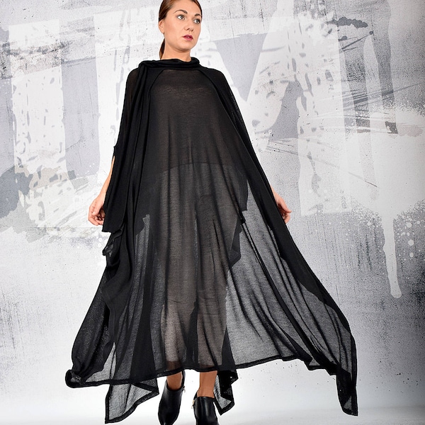 Women's Black Sheer Cape Tunic, Black Cape, Transparent Cloak, Transparent Dress, Sheer Cape, Sheer Cloak, Bolero, UM209PT