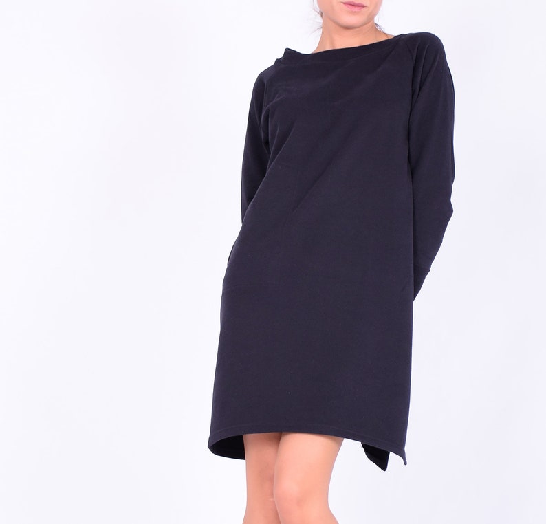 Black mini dress, Sweatshirt dress, Sweaterdress,Long sleeved dress,Quilted cotton dress, Mini cotton dress, Mini dress, Casual dress, 272QC image 4