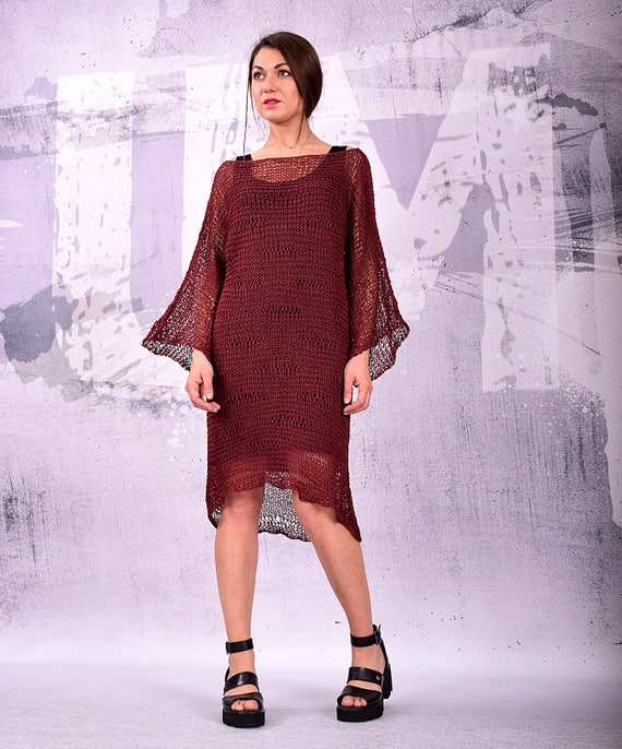 Hand Knit Mesh Dress, Asymmetric Dress, Sheer Dress, Sheer Tunic, Hand Knit  Dress, Wine Red Dress, Hand Knit Tunic by Urbanmood - UM-K103-PT - Etsy