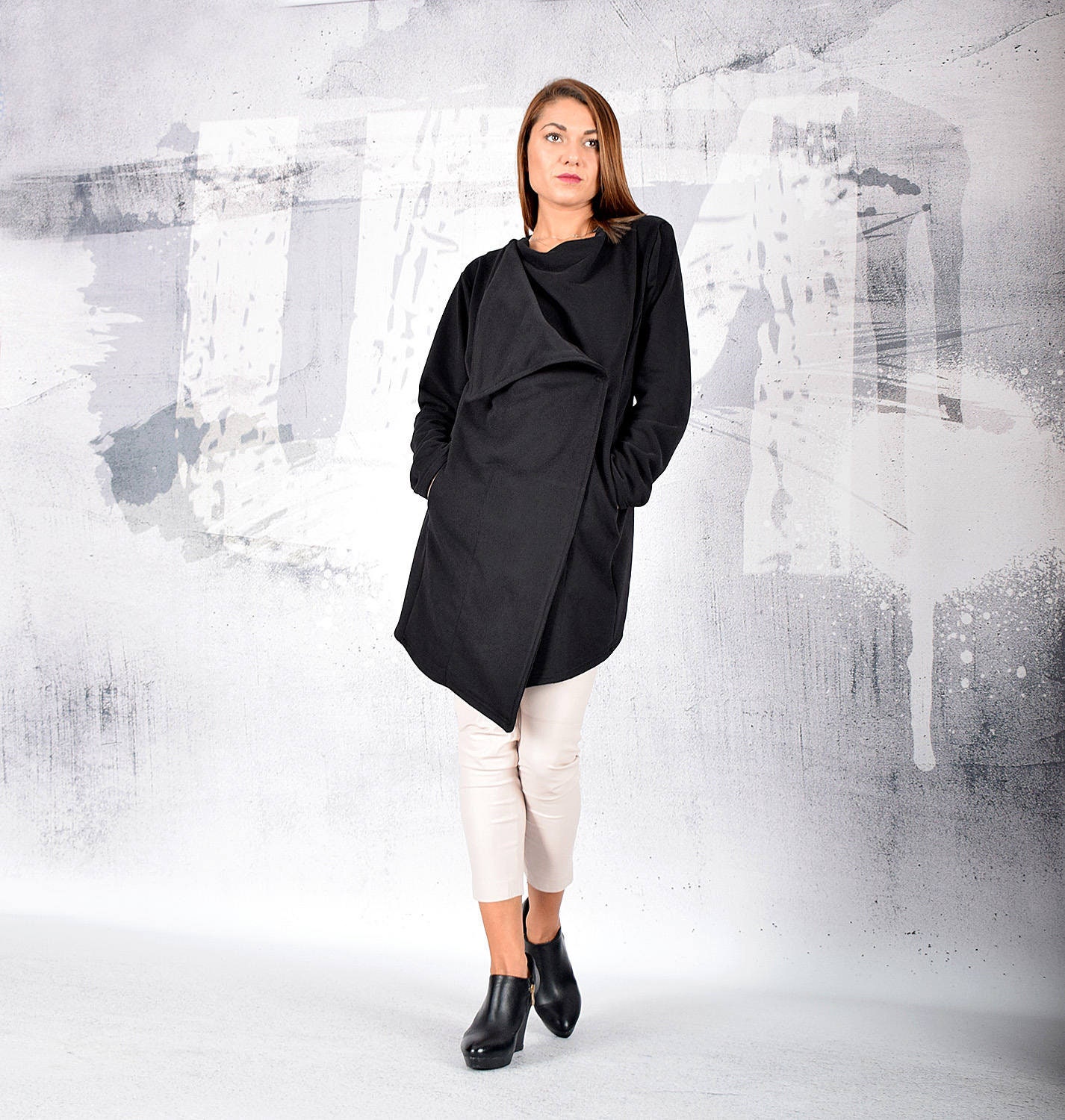 【お気にいる】 Black Coat, Women Coat, Cotton Coat, Sweatshirt Jacket Clothing