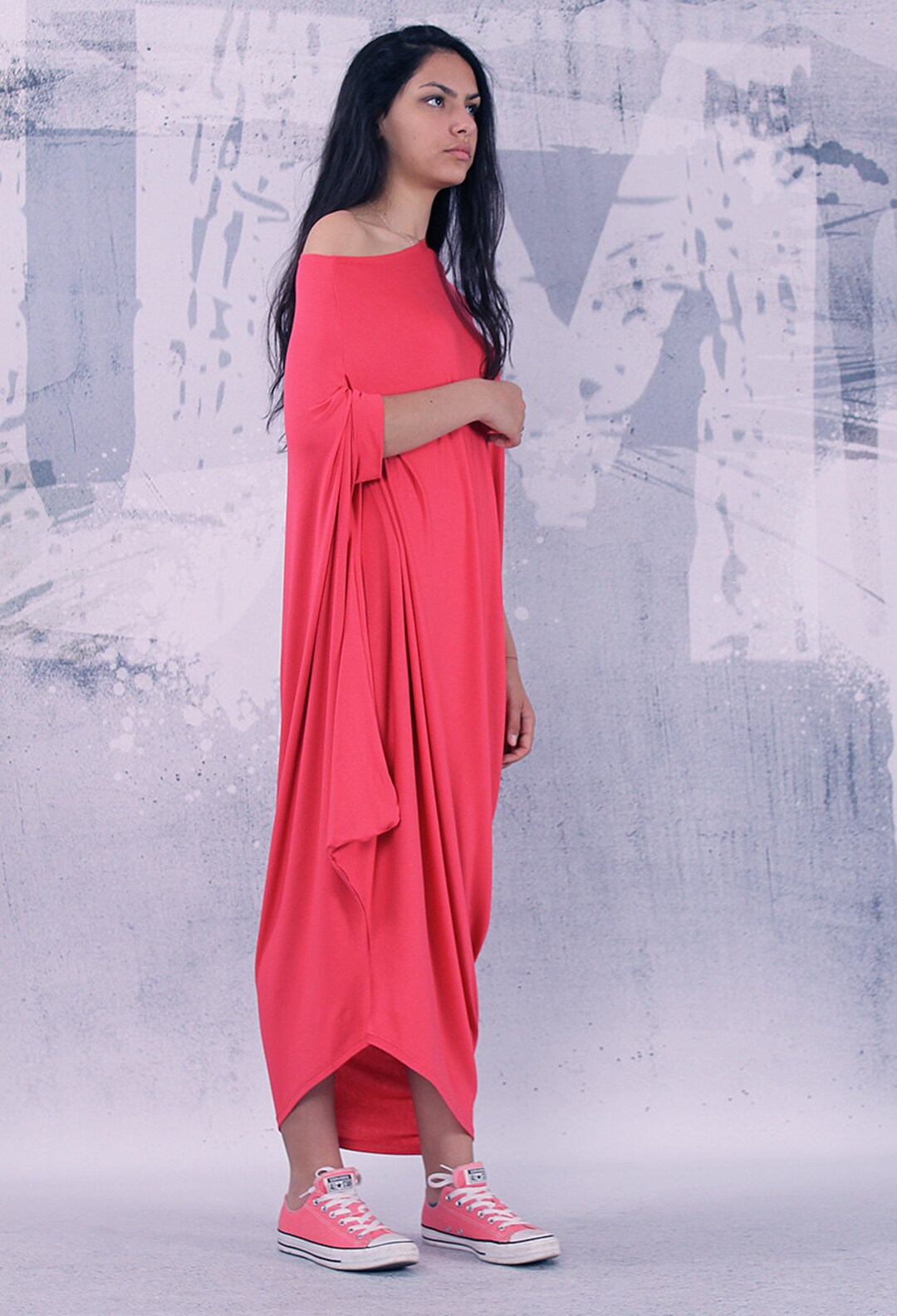 Coral Loose Asymmetrical Maxi Dress With Short Sleeves / Plus - Etsy