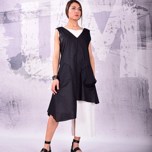 Dress, Tunic dress, black and white dress, cotton dress, sleeveless dress, asymmetric dress, layered dress by UrbanMood - UM-130-CO