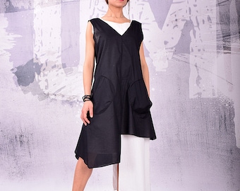 Dress, Tunic dress, black and white dress, cotton dress, sleeveless dress, asymmetric dress, layered dress by UrbanMood - UM-130-CO