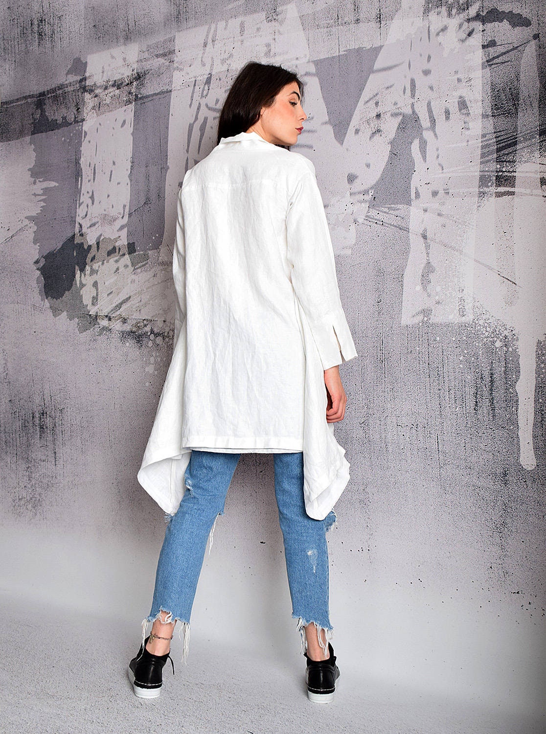 White Linen Coat,jacket, Linen Coat, Asymmetric White Jacket, Woman Coat,  White Coat, White Blazer, Asymmetric Coat, Long Coat UM-183-LN 