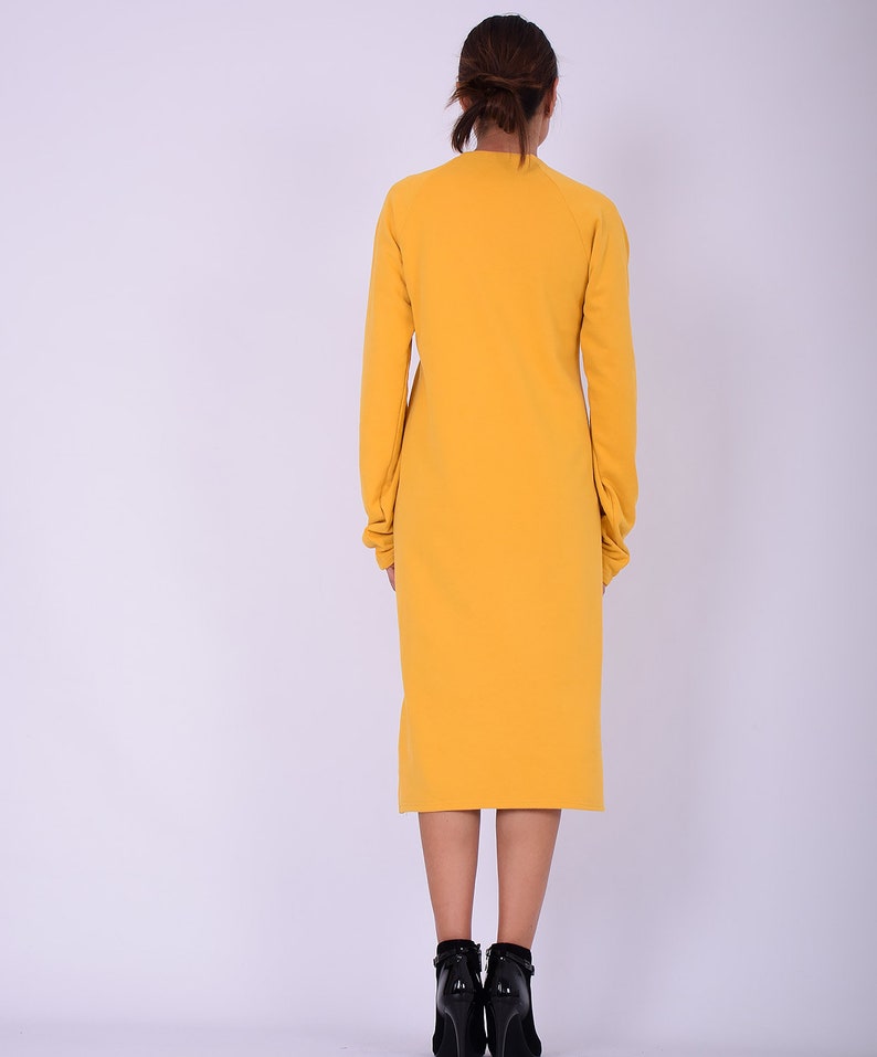 Sweatshirt dress.Women dress.Yellow cotton dress.Dress with zippers.Long sleeved dress.Knee length dress.Autumn winter dress.Dresses 275QC image 7