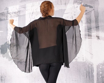 Black tunic, blouse with chiffon sleeves, black tunic, black top, loose top, long tunic, tunic dress - UM-071-VLCH